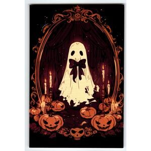 Vintage Halloween Ghost & Jack-O'-Lanterns Photochrome Postcard 5.5x4